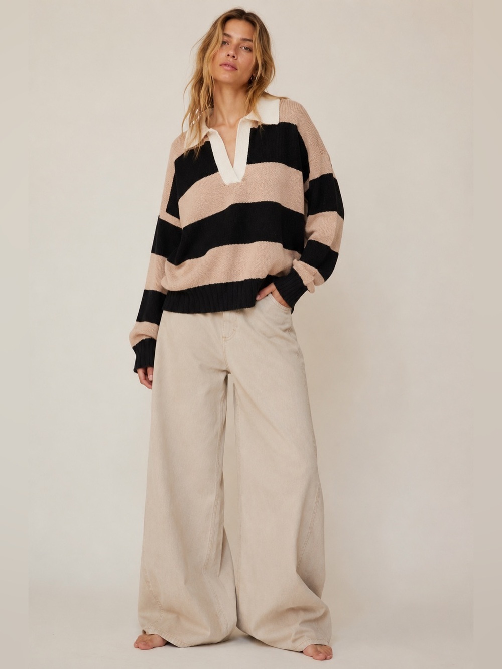 Studio by the Workshop Oversized Rugby Stripe Collared Sweater Neutral Med